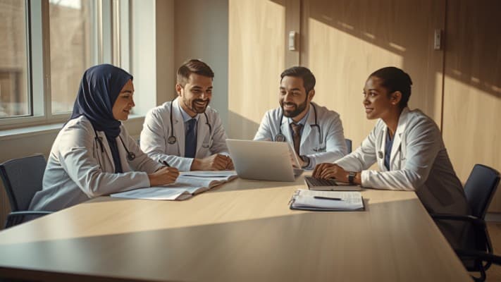 Illustrative image of a diverse team of paediatricians reviewing exam content together, AI-generated imagery