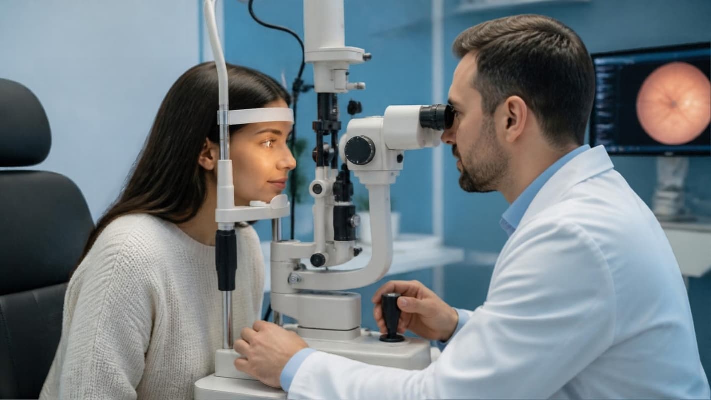 An ophthalmologist examining a patient's eye at a slit lamp, illustrative AI-generated imagery
