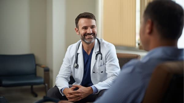 An internal medicine physician consulting warmly with an adult patient, illustrative AI-generated imagery