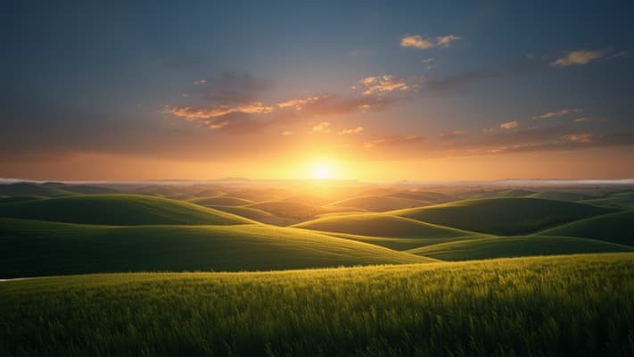 A calm sunrise over rolling hills, decorative imagery