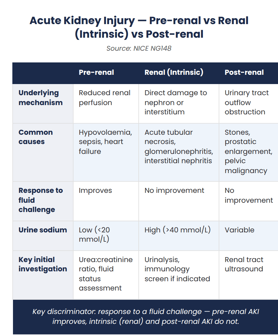 Comparison table distinguishing pre-renal, renal (intrinsic) and post-renal acute kidney injury, including causes, response to a fluid challenge, urine sodium and key initial investigations