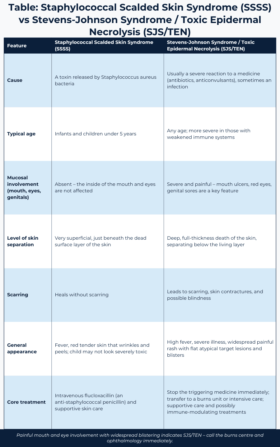 Comparison table: Staphylococcal Scalded Skin Syndrome (SSSS) vs Stevens-Johnson Syndrome / Toxic Epidermal Necrolysis (SJS/TEN)